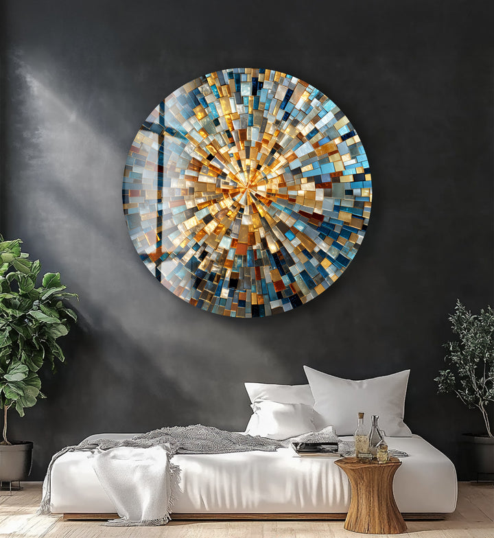 Radiant Skyline Mosaic – Round Glass Wall Art