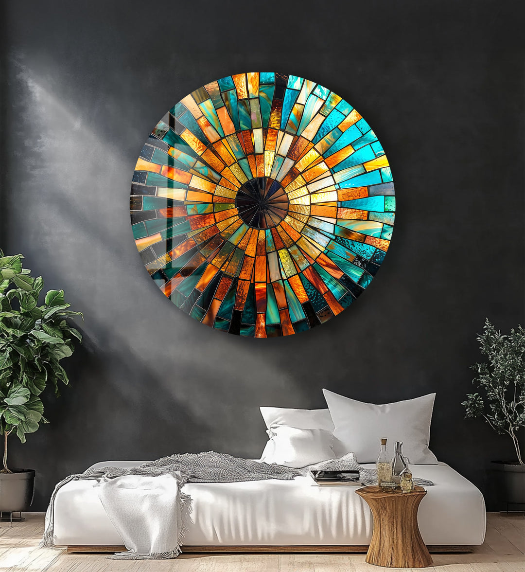 Radiant Sunburst – Golden Mosaic Round Glass Wall Art