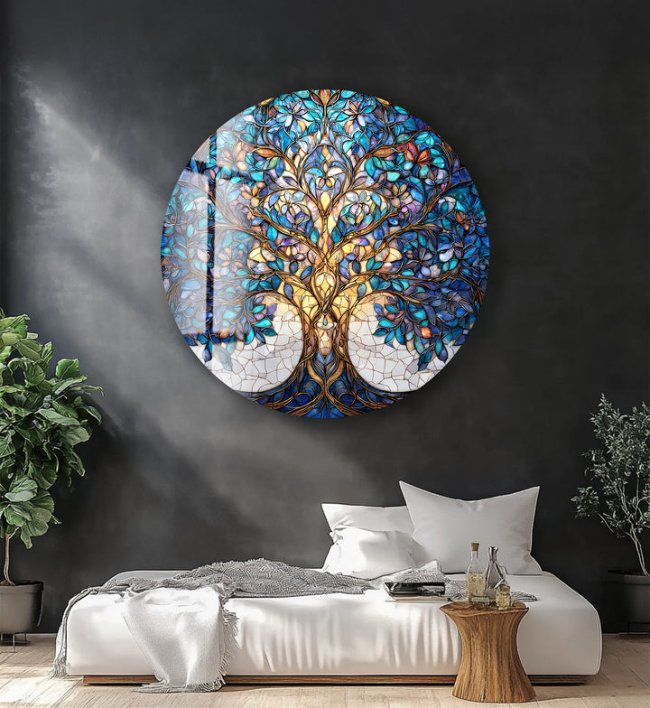 Celestial Tranquility Tree – Round Glass Wall Art