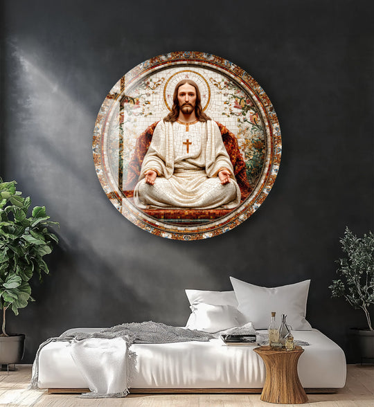 Round glass wall art showing Christ the Redeemer mosaic art in ivory and white plus mosaic wall art plus spiritual religious spaces