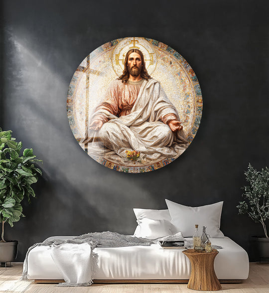 Round glass wall art showing a mosaic of Christ and serene design plus radiant light and peaceful inspiration and spiritual decor