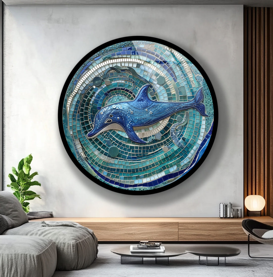 Ocean Spirit – Blue Dolphin Mosaic Round Glass Wall Art