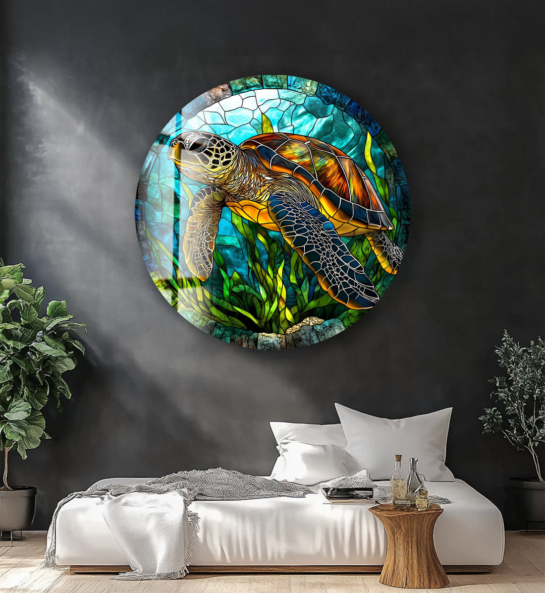 Sea Turtle Stained – Round Glass Wall Art