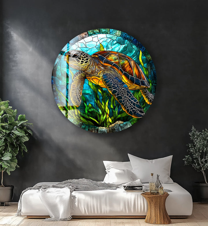Sea Turtle Stained – Round Glass Wall Art
