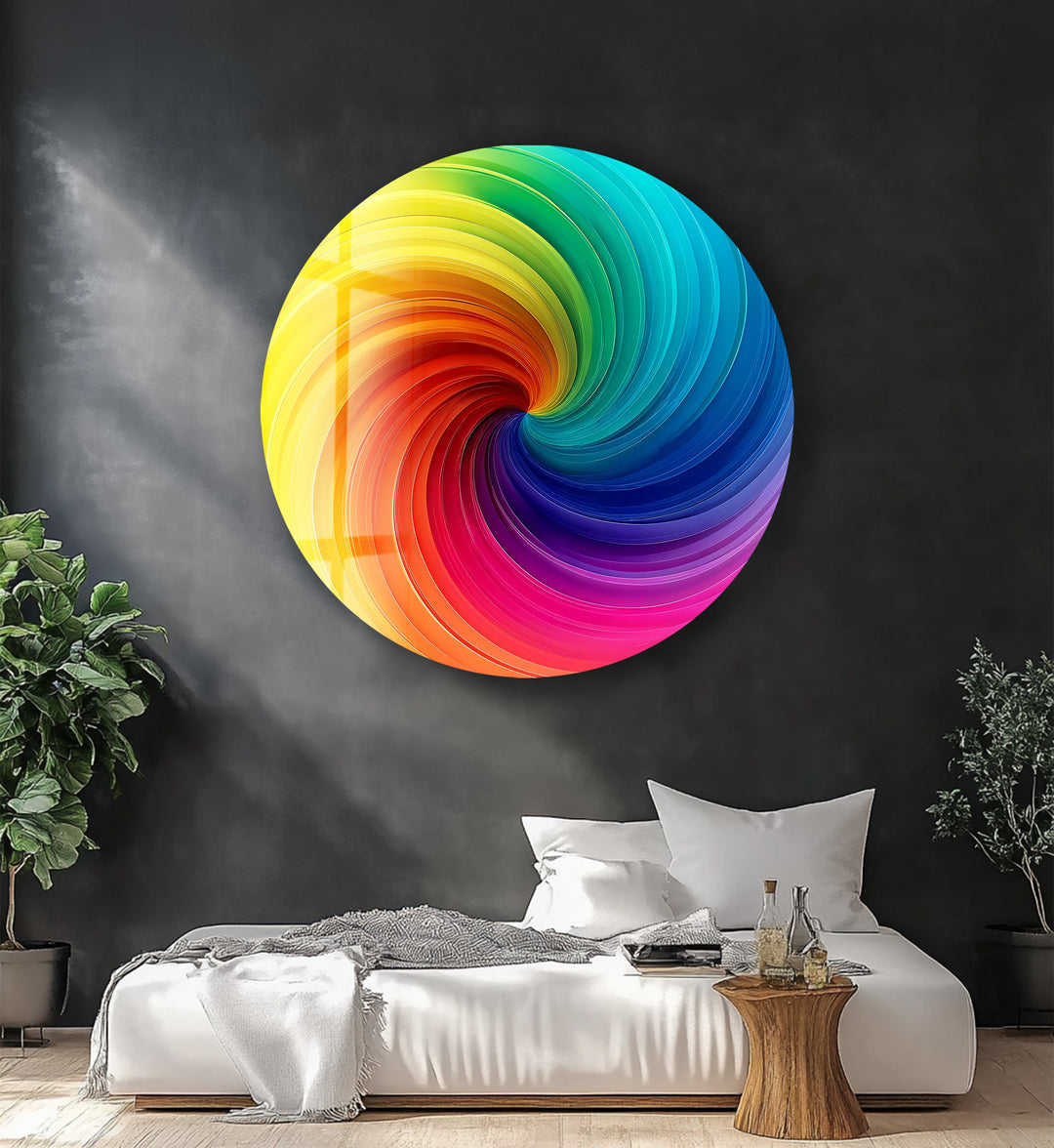 Vortex of Color – Rainbow Swirl Round Glass Wall Art