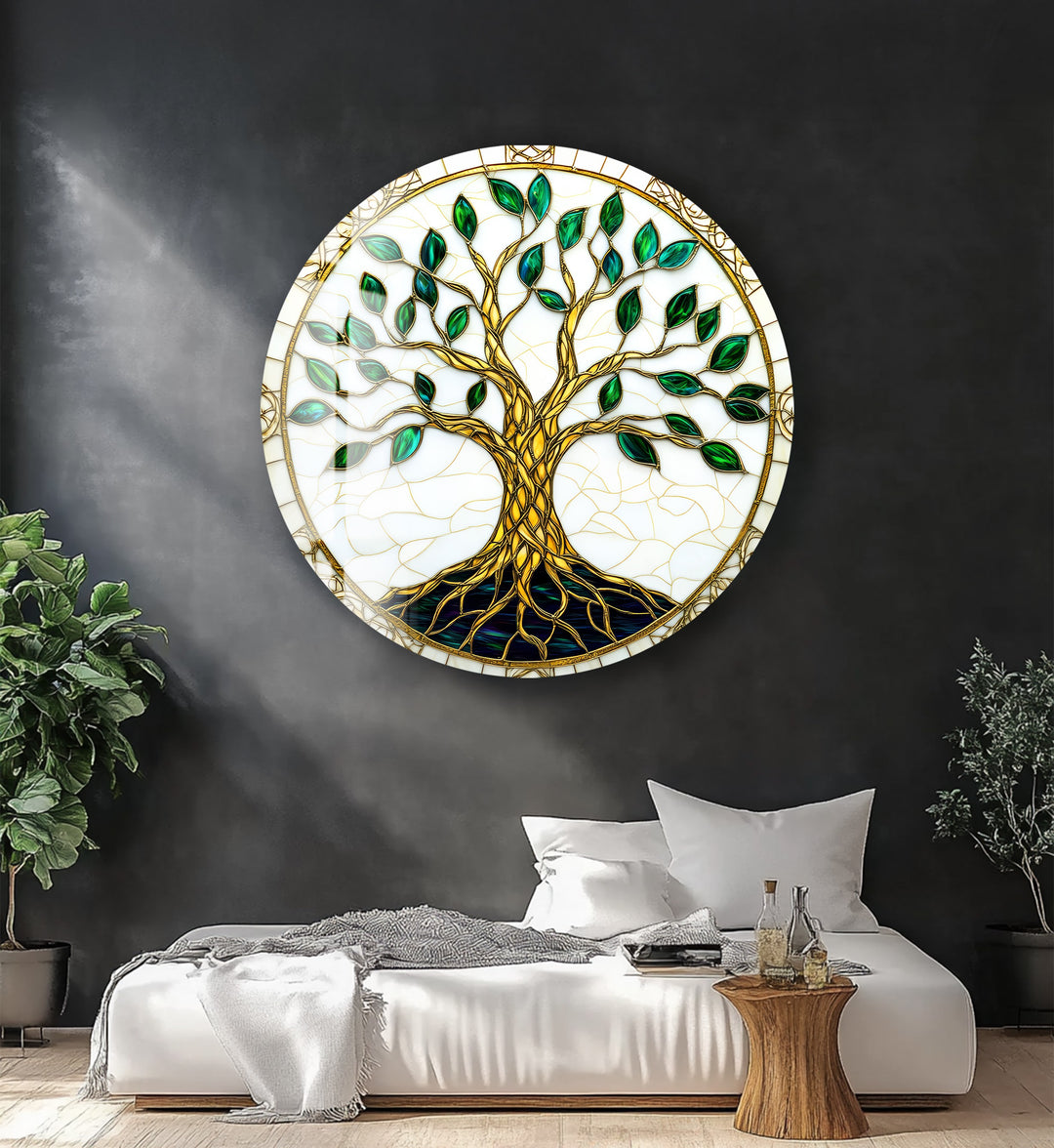Golden Roots of Harmony – Round Glass Wall Art