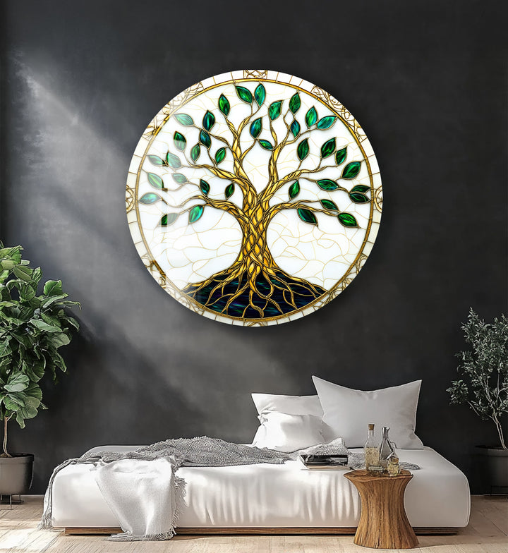 Golden Roots of Harmony – Round Glass Wall Art