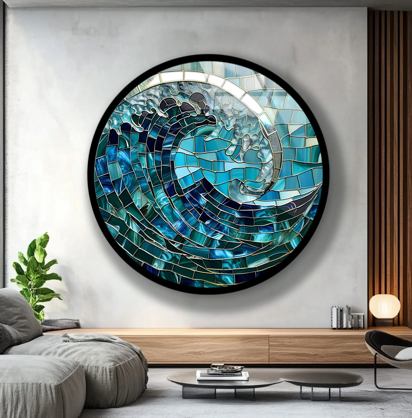 Azure, teal, and navy tones dominate this ocean wave mosaic round glass print wall art, showcasing the dynamic blues of the sea.