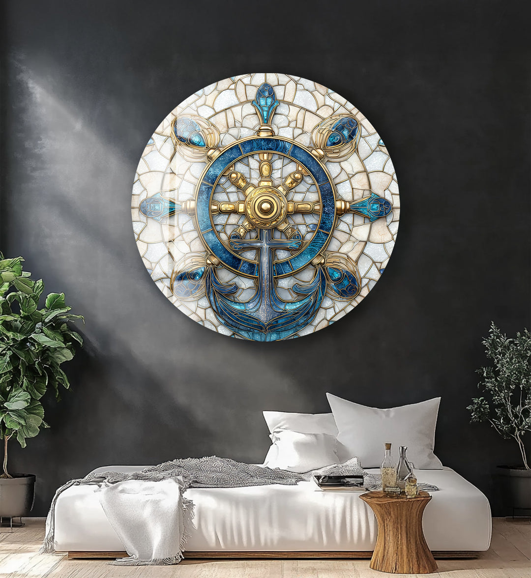 Golden Helm & Anchor Harmony – Round Glass Wall Art