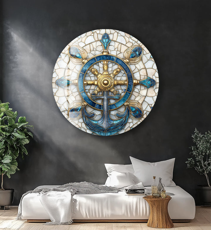 Golden Helm & Anchor Harmony – Round Glass Wall Art