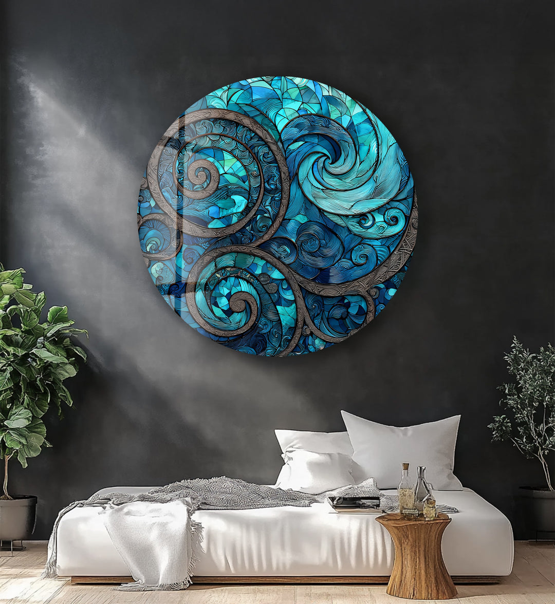 Oceanic Spirals – Round Glass Wall Art