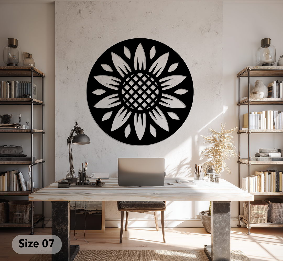 Horizontal and round, this sunflower metal wall art offers a touch of unique metal wall art with its distinctive floral pattern.