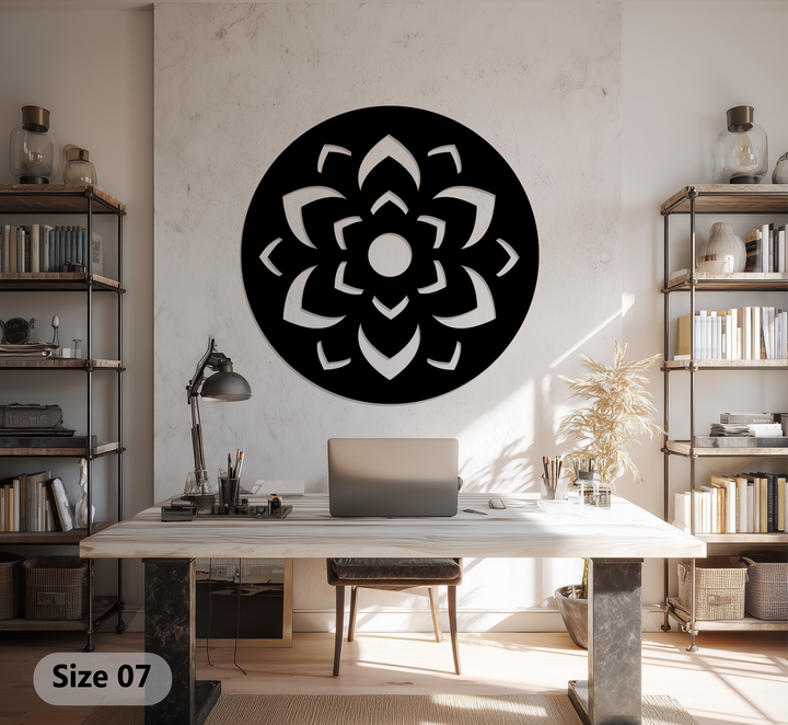 Light filtering through the cutouts of this lotus mandala decorative metal art creates soft patterns, adding tranquility and depth to the wall.