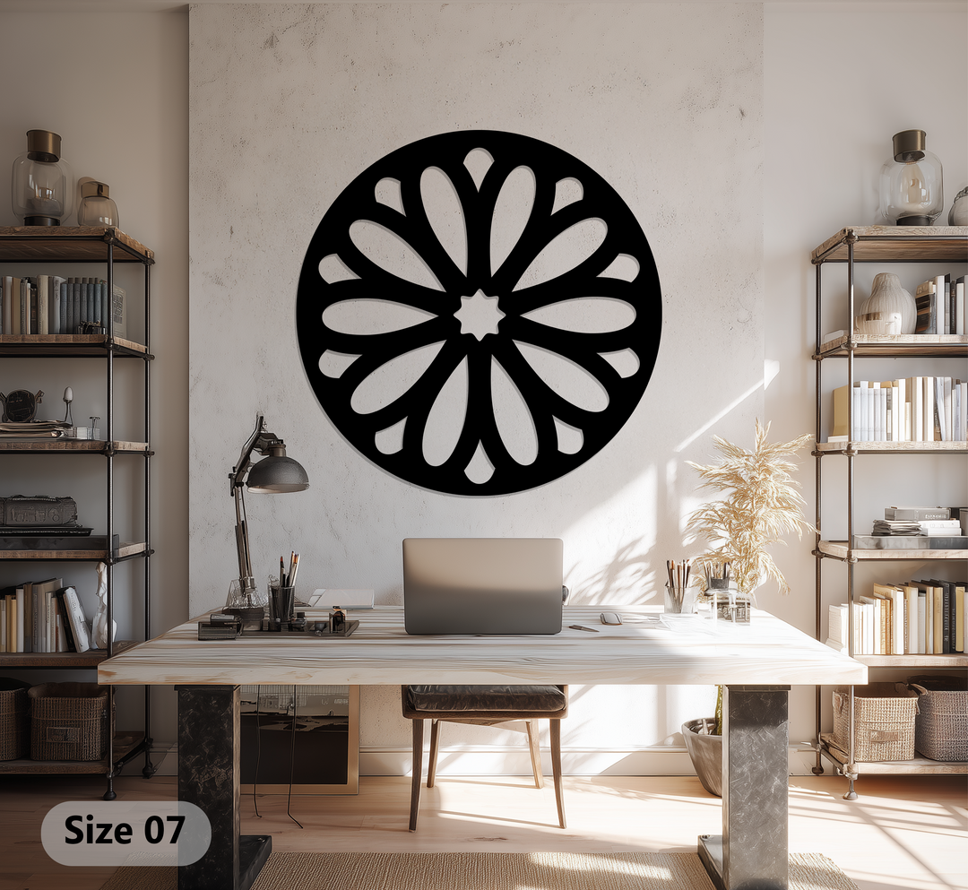 Negative space defines the minimal floral burst round black metal art for wall piece, creating a striking geometric pattern in this modern home decoration.