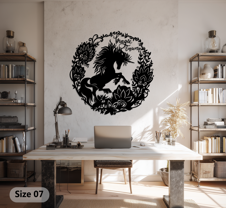 Defined by its floral wreath edge, this round black metal wall art of a magic unicorn is a stunning piece of metal wall decor.