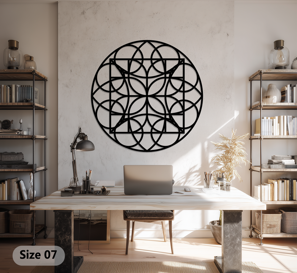 Warm color temperature highlights the black metal artwork of a geometric circle grid, enhancing the modern, round design for any interior.