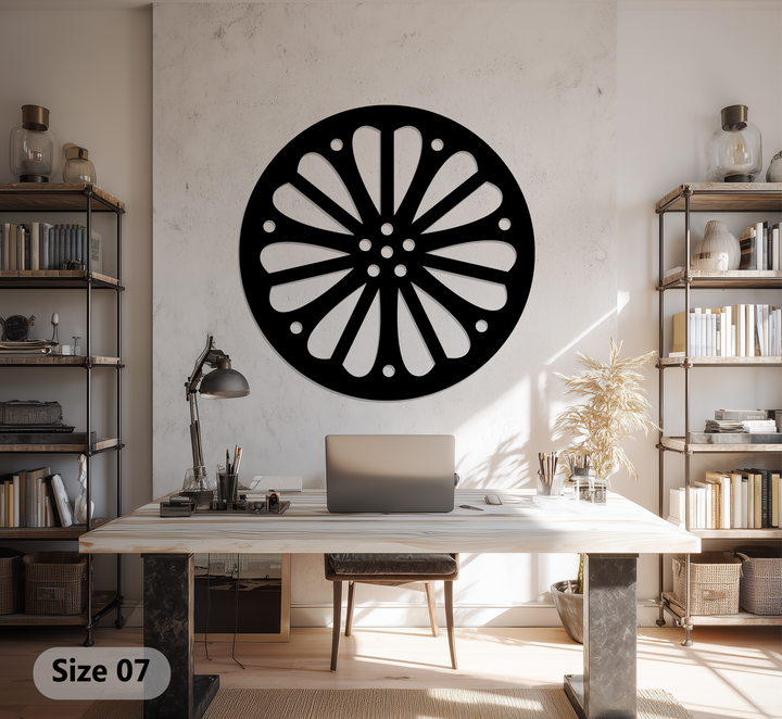 Radiating petal pattern round black metal art for wall serves as the focal point in this modern and decorative metal art for wall home decoration.