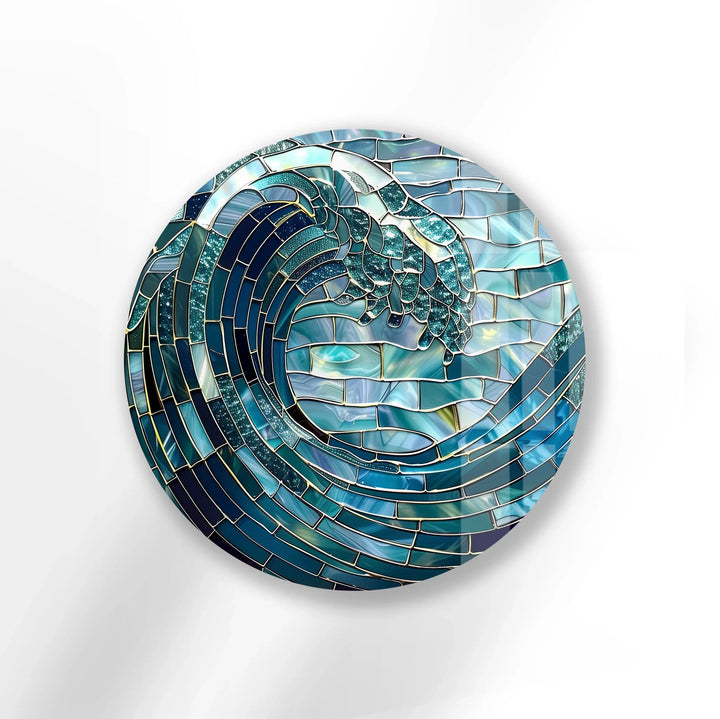 Ocean Wave in Blue Mosaic Round Glass Wall Art - MyPhotoStation