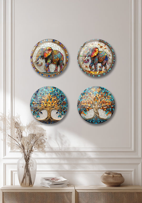 Round glass wall art set features elephant and tree of life motifs and is an eternal wisdom trio art print a symbol of strength and harmony for modern interiors