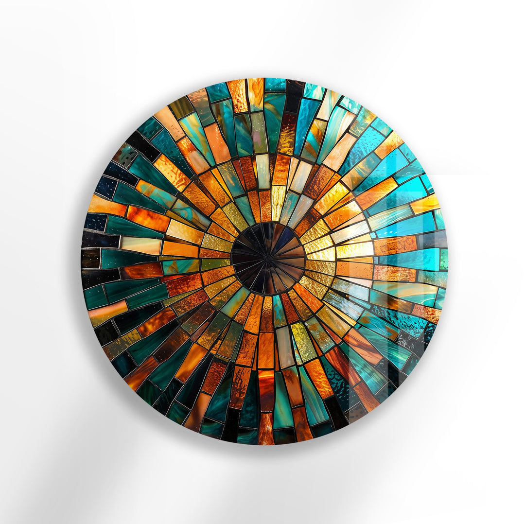 Radiant Sunburst – Golden Mosaic Round Glass Wall Art