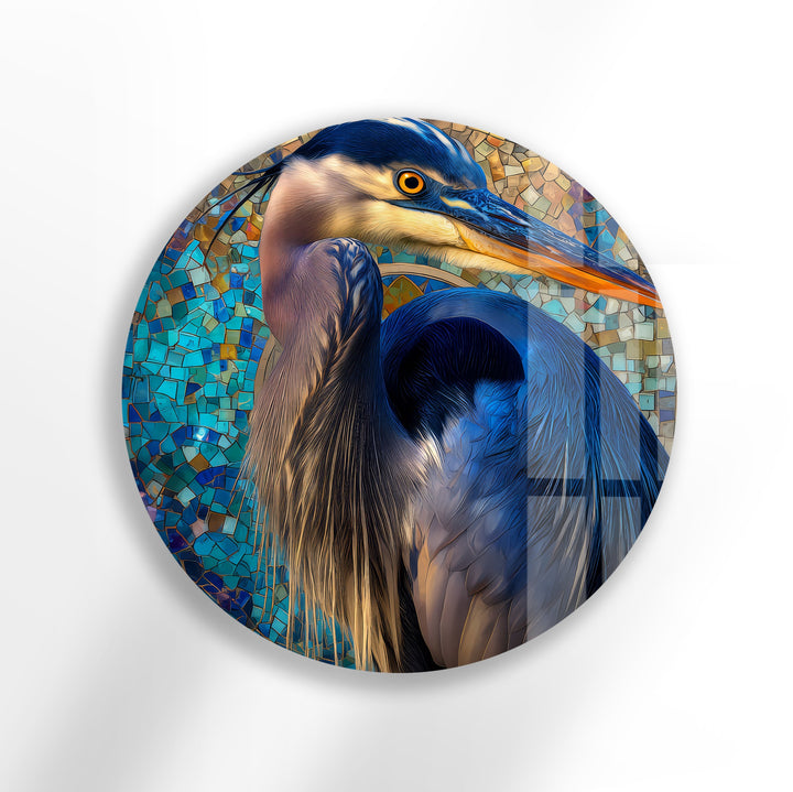 Azure Watchful Heron – Round Glass Wall Art