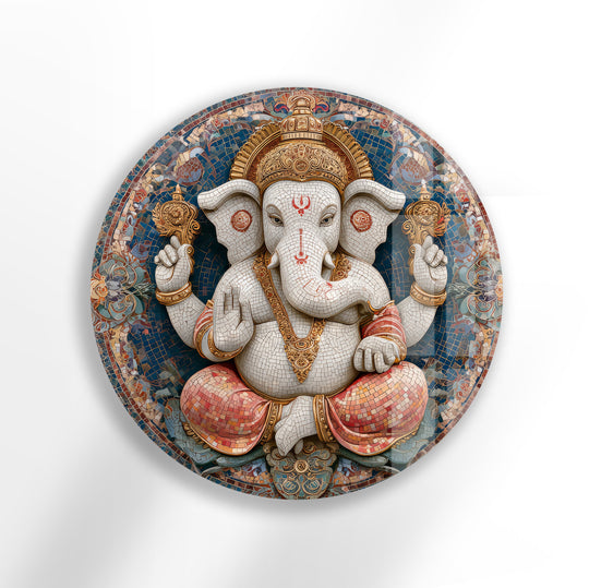 Round glass wall art divine lotus Ganesha with sacred mosaic design and elegant gold coral and blue colors for Buddha wall art