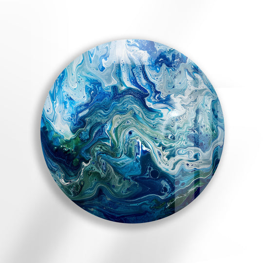 Blue ocean abstract round glass wall art