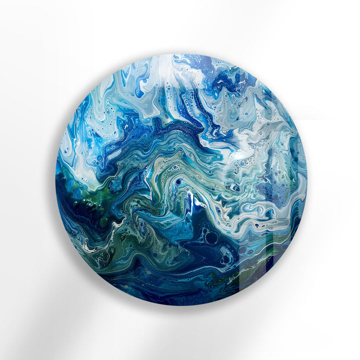 Blue ocean abstract round glass wall art
