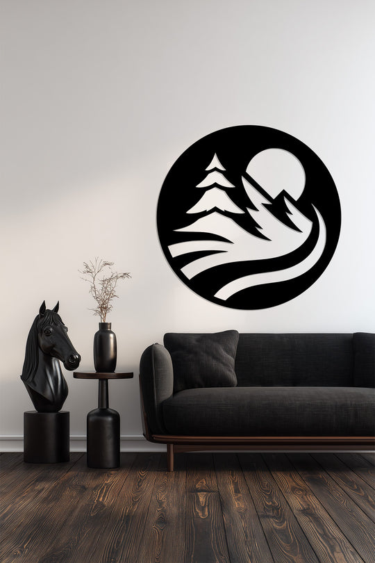 Muted color saturation enhances the minimalist design of this serene mountain landscape metal wall art, presenting a unique metal wall art circle with a calming and understated presence.