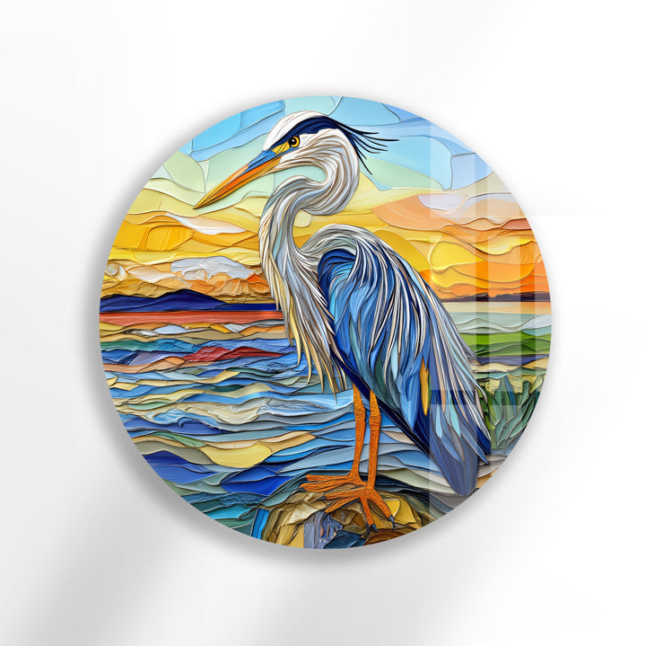 Blue Heron at Dusk – Round Glass Wall Art