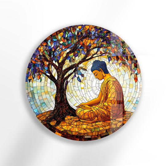 Glowing light emanates from the Bodhi tree in this round glass hanging wall art, featuring a meditating Buddha in a vibrant mosaic design.