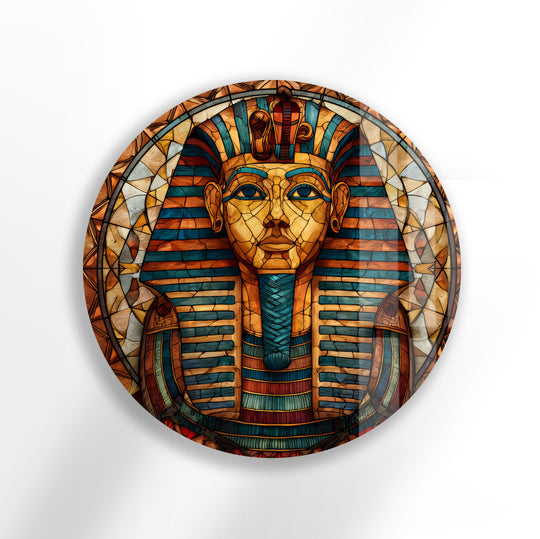 Showcasing the layering effect, this Pharaoh's Gaze round glass hanging wall art captures the intricate mosaic design with depth and vibrant color transitions.