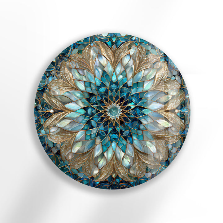 Celestial Bloom Mandala – Round Glass Wall Art