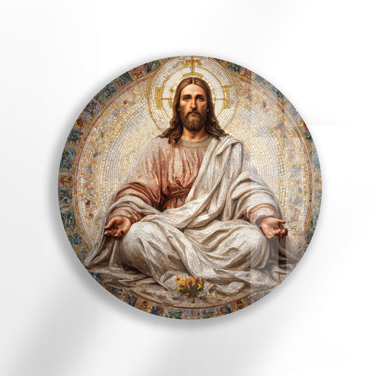 Round glass wall art of a radiant Christ mosaic and serenity art spiritual interiors elegant timeless design