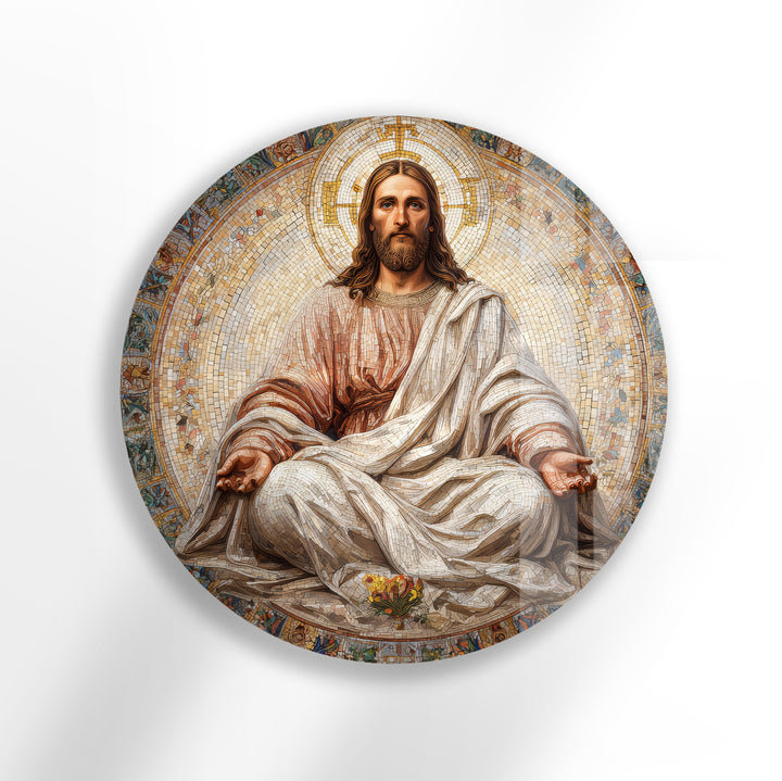 Radiant Christ in Serenity – Mosaic Round Glass Wall Art