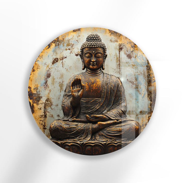 Rustic Buddha Calm – Round Glass Wall Art