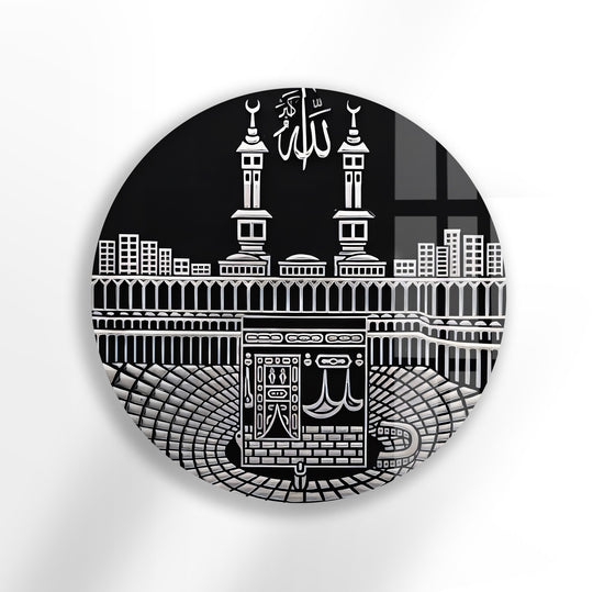 Round glass wall art showing the Sacred Kaaba Illustration with a Mecca theme and glossy shine is Islamic decor plus spiritual home decor