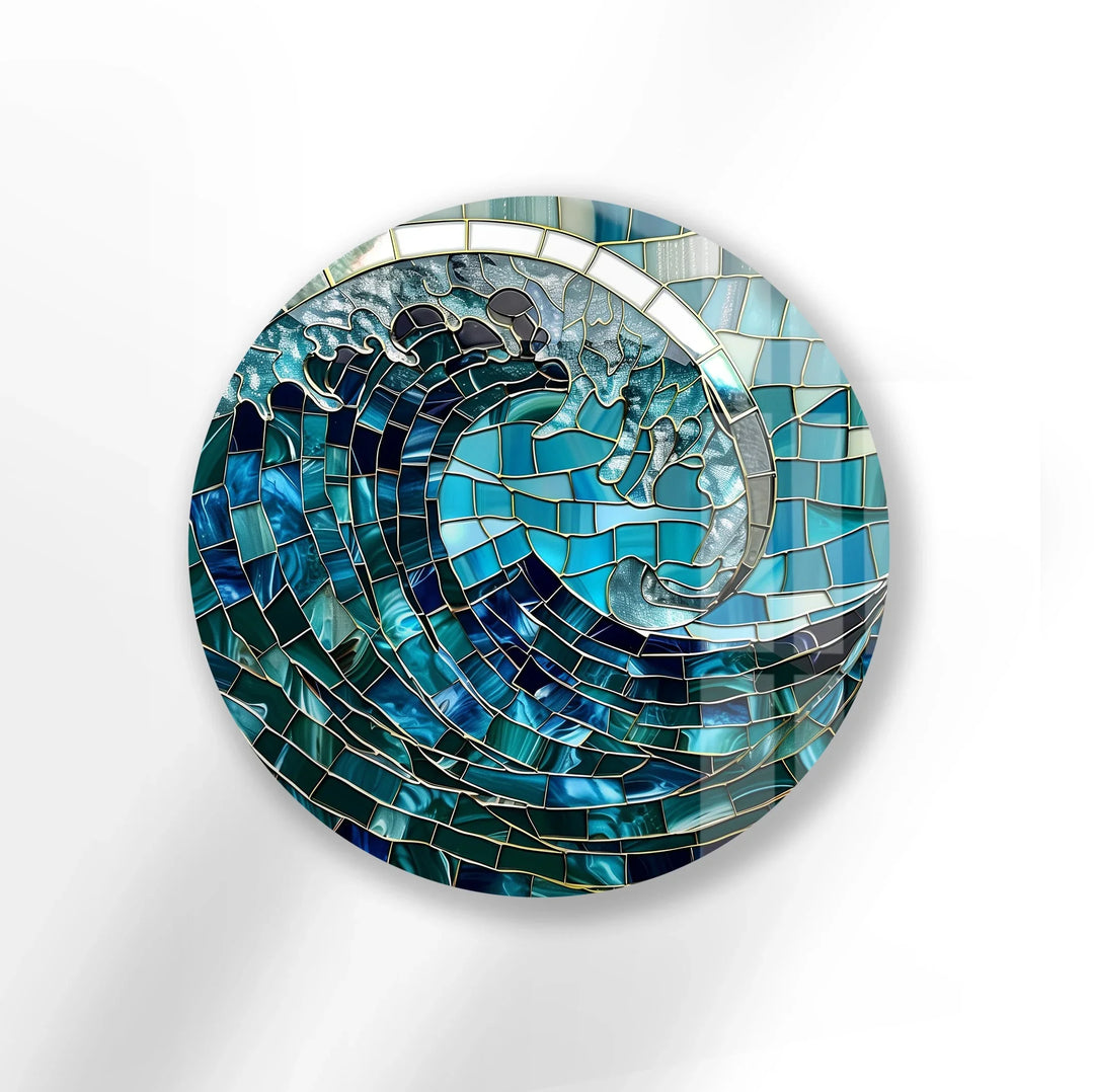 Ocean Wave Mosaic Round Glass Wall Art - MyPhotoStation