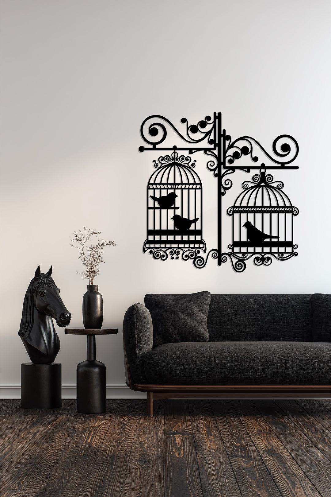 طيور مغردة من العصر الفيكتوري – قفص طيور مزخرف فن جداري معدني