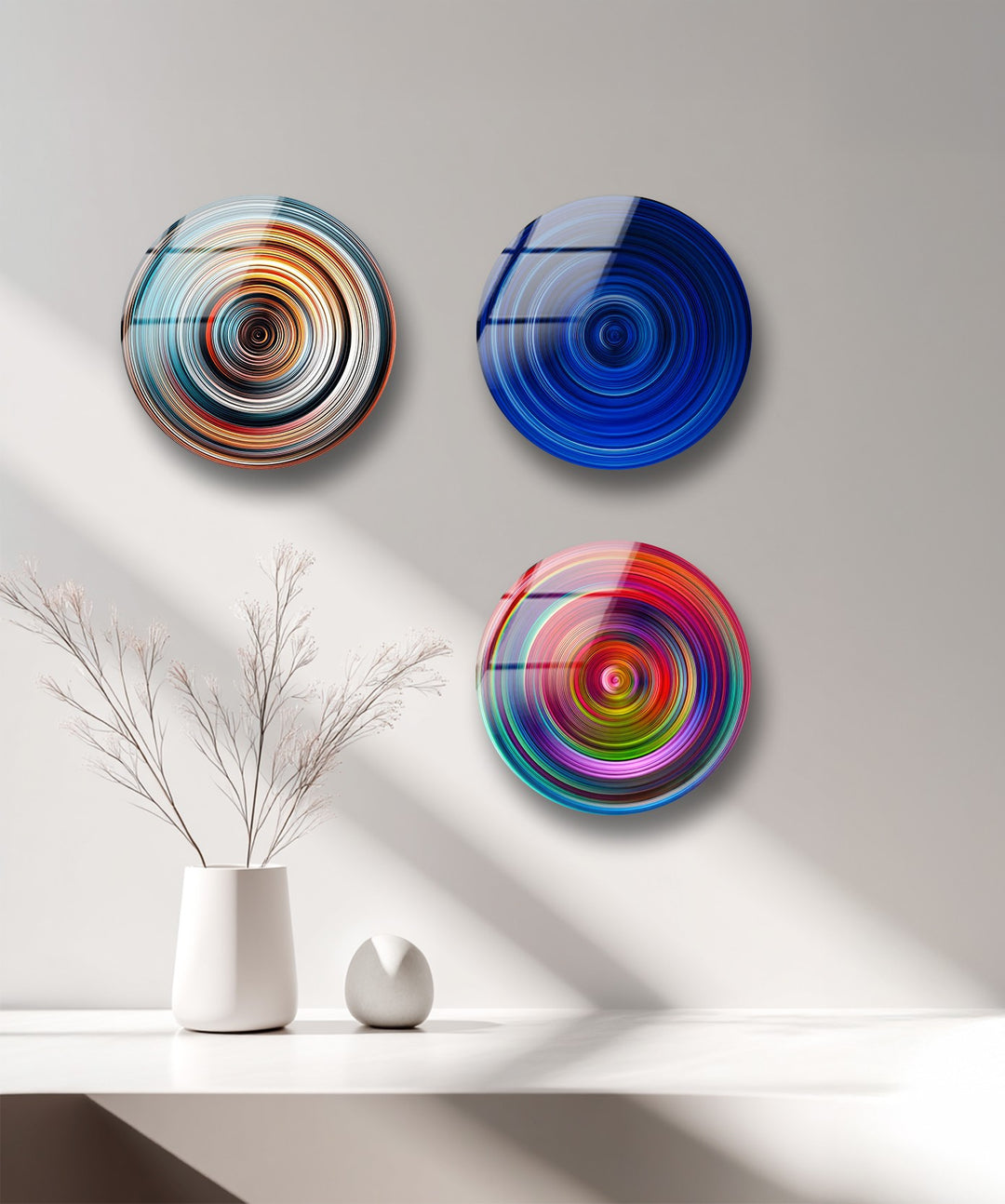 Vibrant Spiral Round Glass Wall Art Set – Modern Abstract Color Decor