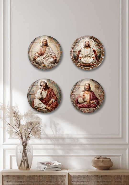 The set is round and showcases Jesus Christ mosaic in glass wall art and serene religious themed decoration for a faith inspired elegant space