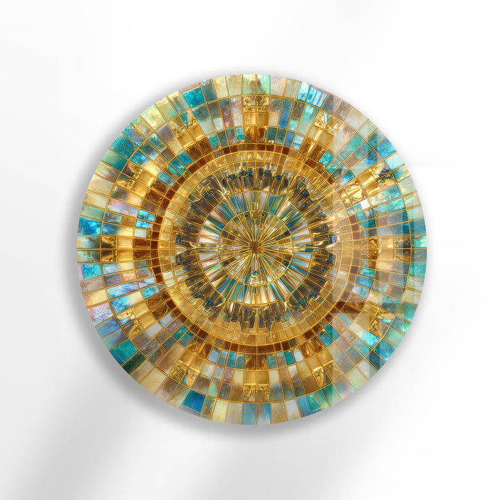 Radiant Gold and Aqua – Mandala Round Glass Wall Art