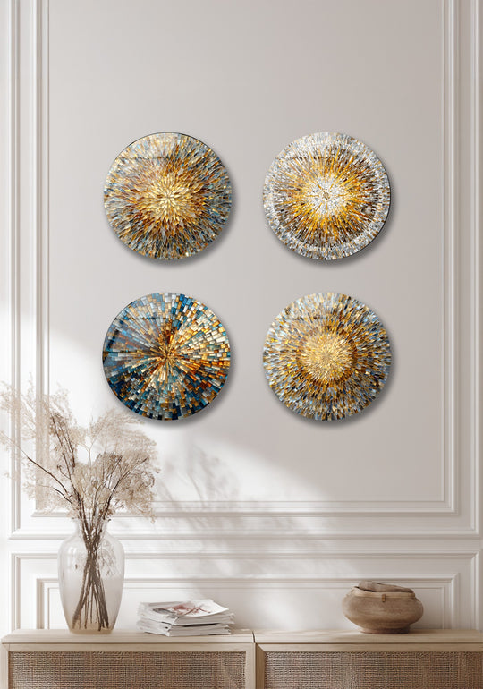 The mosaic glass wall art set features a golden radiance quartet sunburst design with shimmering gold and blue tones and is elegant wall decor as round set wall art