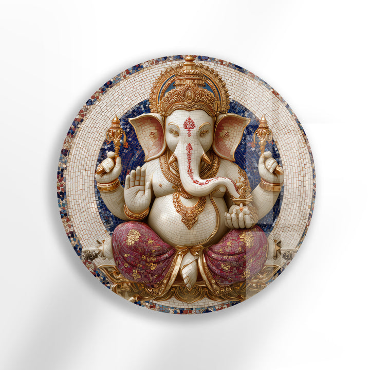 Golden Grace Ganesha – Round Glass Wall Art