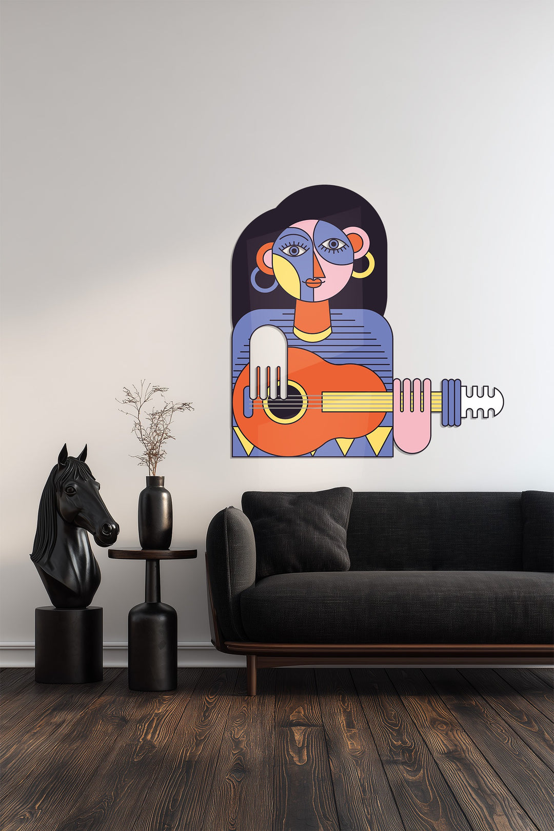 Cubist Woman with Guitar Metal Wall Art – Modern Abstract Music Decor