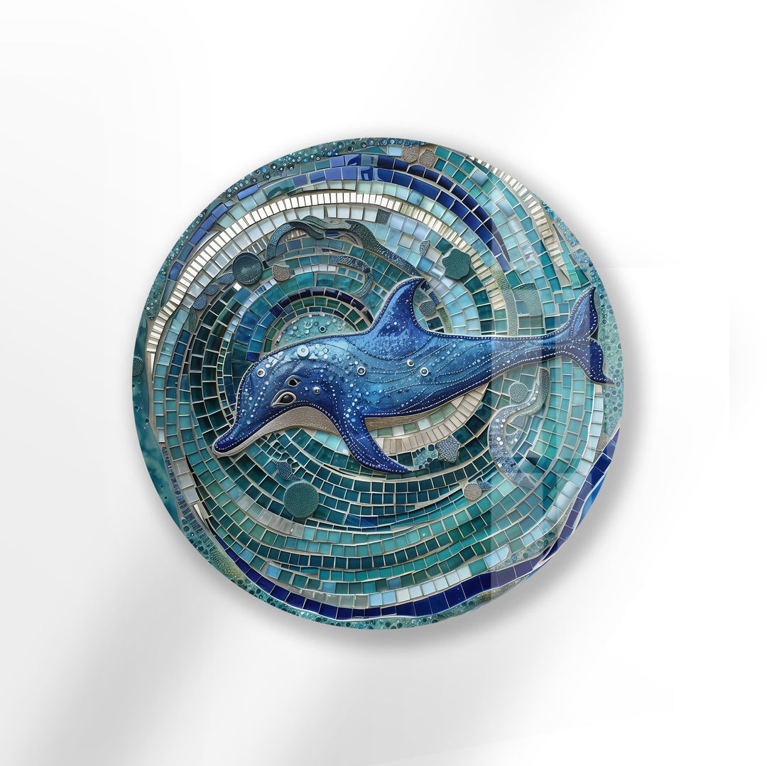 Blue dolphin mosaic glass wall art for ocean-themed interiors