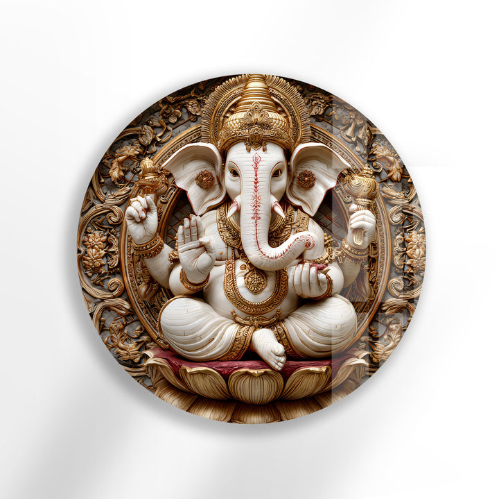 Golden Ganesha Serenity – Round Glass Wall Art