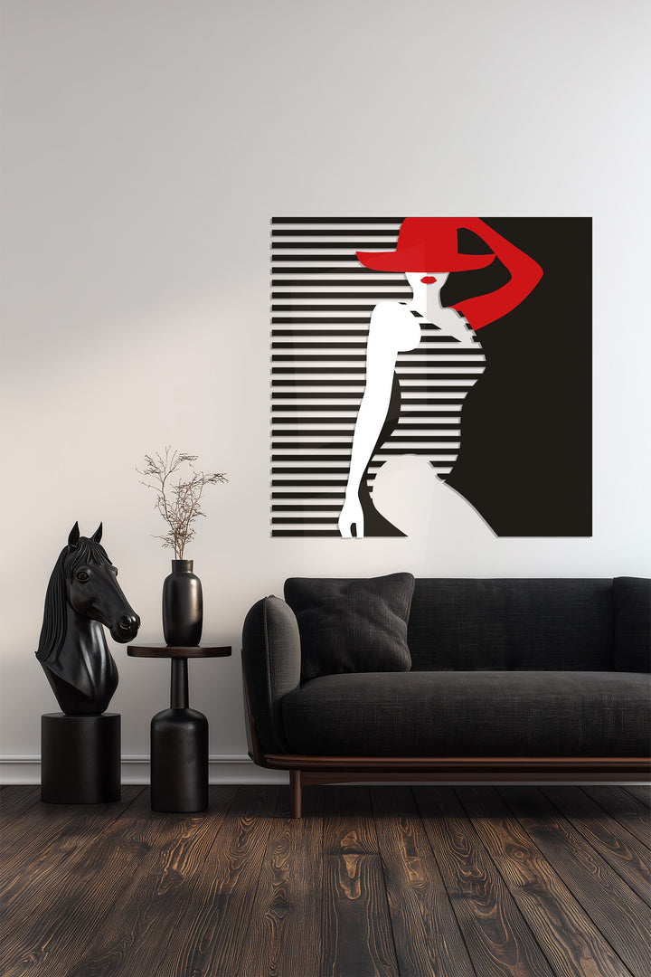 Contemporary lady in hat artwork with bold geometric contrast