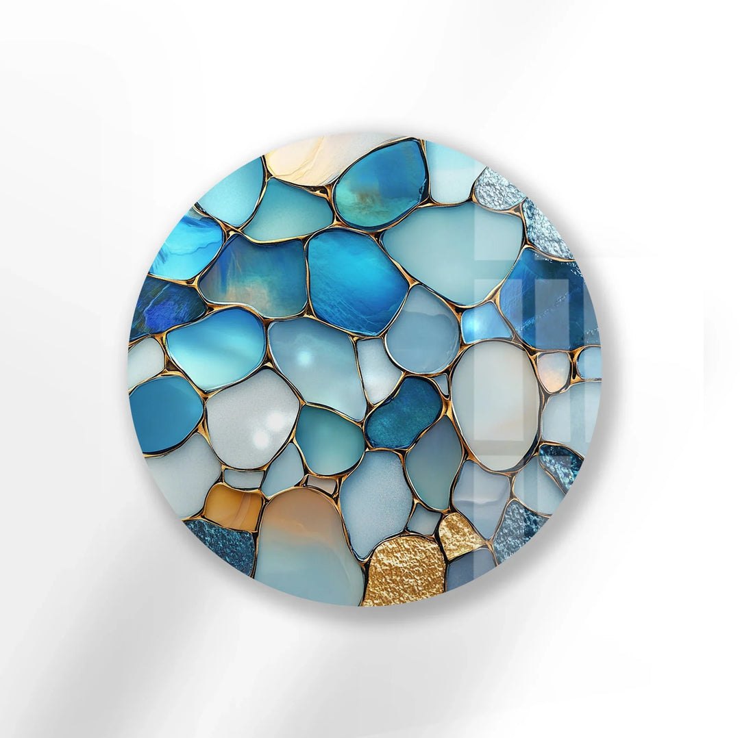 Ocean Blue Stone Mosaic Round Glass Wall Art - MyPhotoStation