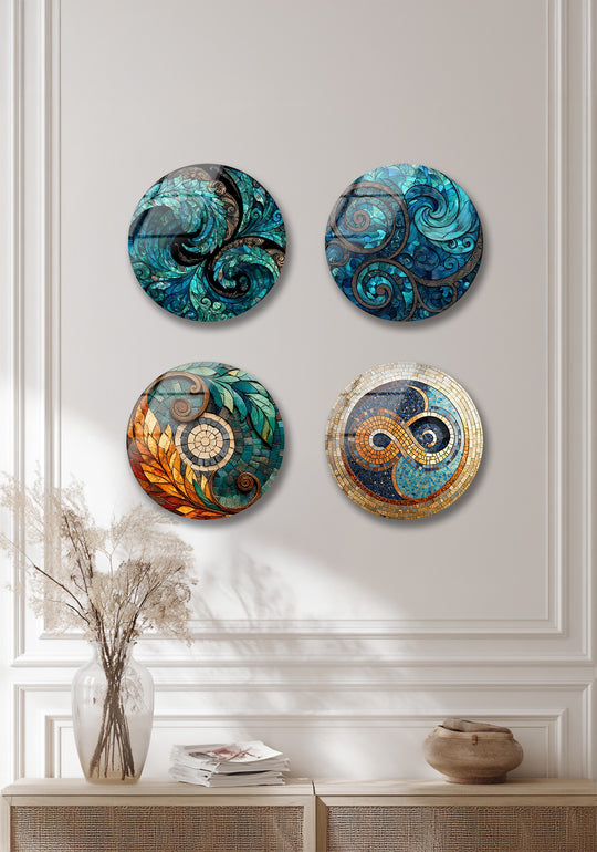 Round mosaic glass wall art set shows abstract swirl designs and elegant ocean harmony in blue and gold shades as modern home décor